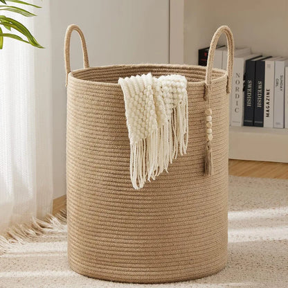 Handmade Round Woven Cotton Rope Foldable Basket with Handles - Beige & White