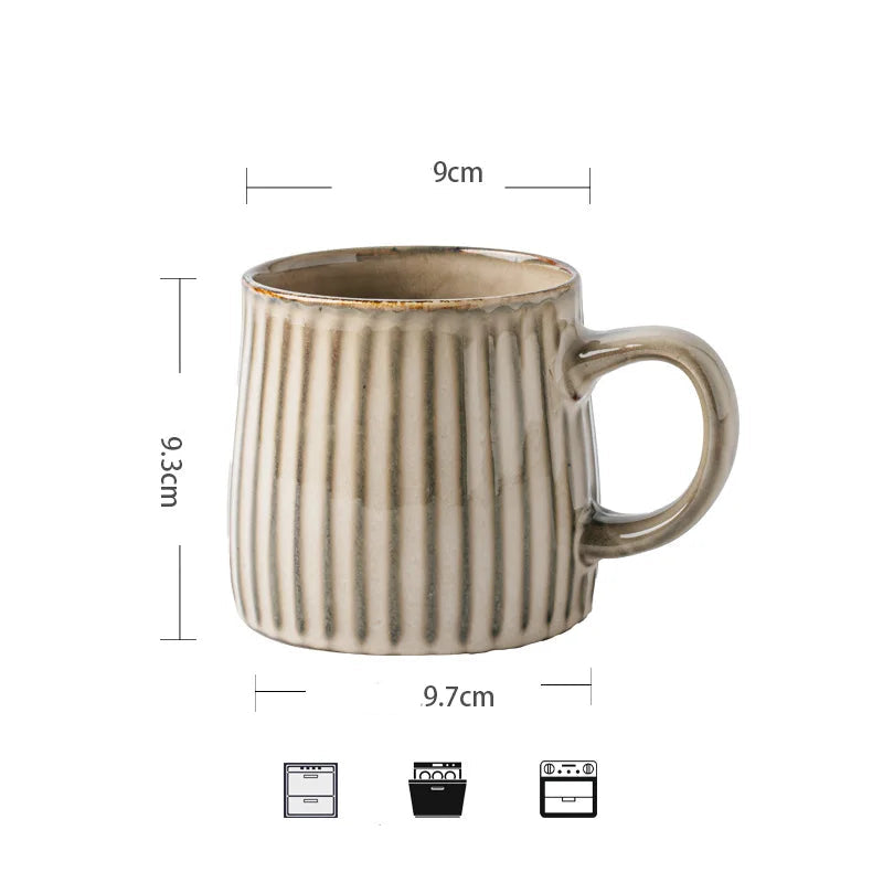 Large Handmade Ceramic Ripple Mug with Wooden Lid - Beige & Grey