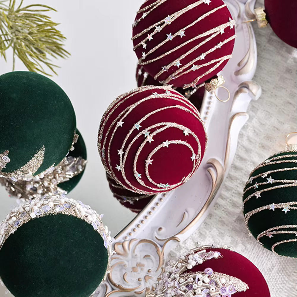 Set of 12 Velvet & Glitter Shatterproof Christmas Tree Baubles 6cm - Burgundy, Green & Cream