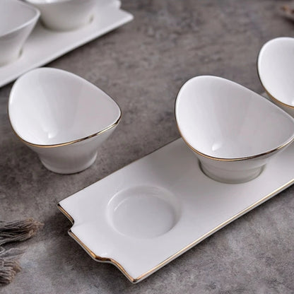 Set of 3 White Ceramic Ingot Dessert, Fruit & Snack Bowls with Plate - Gold & White