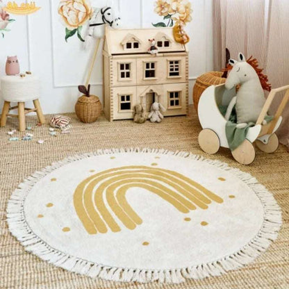 Soft White Play Mat For Children's Room with Rainbow & Tassel Detail - Yellow, Blue & Pink Lilly & Lula