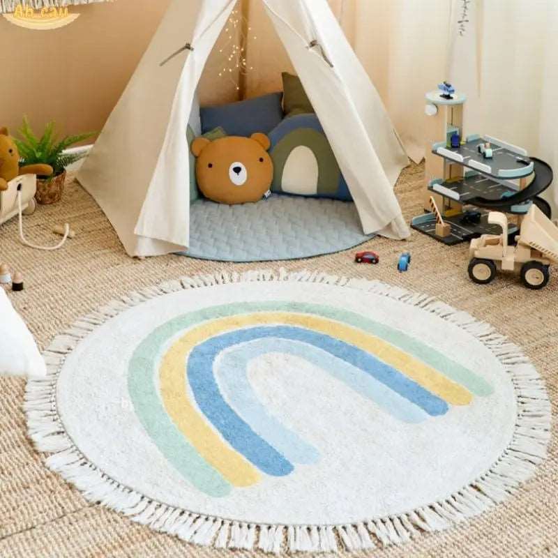 Soft White Play Mat For Children's Room with Rainbow & Tassel Detail - Yellow, Blue & Pink Lilly & Lula