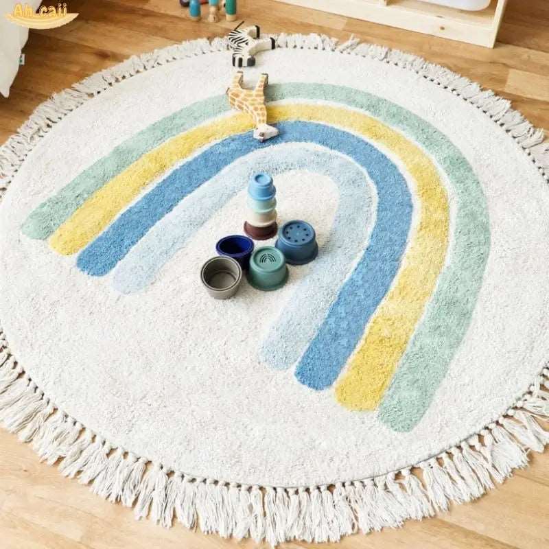 Soft White Play Mat For Children's Room with Rainbow & Tassel Detail - Yellow, Blue & Pink Lilly & Lula