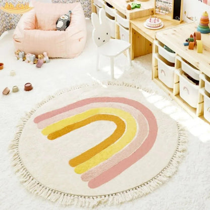 Soft White Play Mat For Children's Room with Rainbow & Tassel Detail - Yellow, Blue & Pink Lilly & Lula