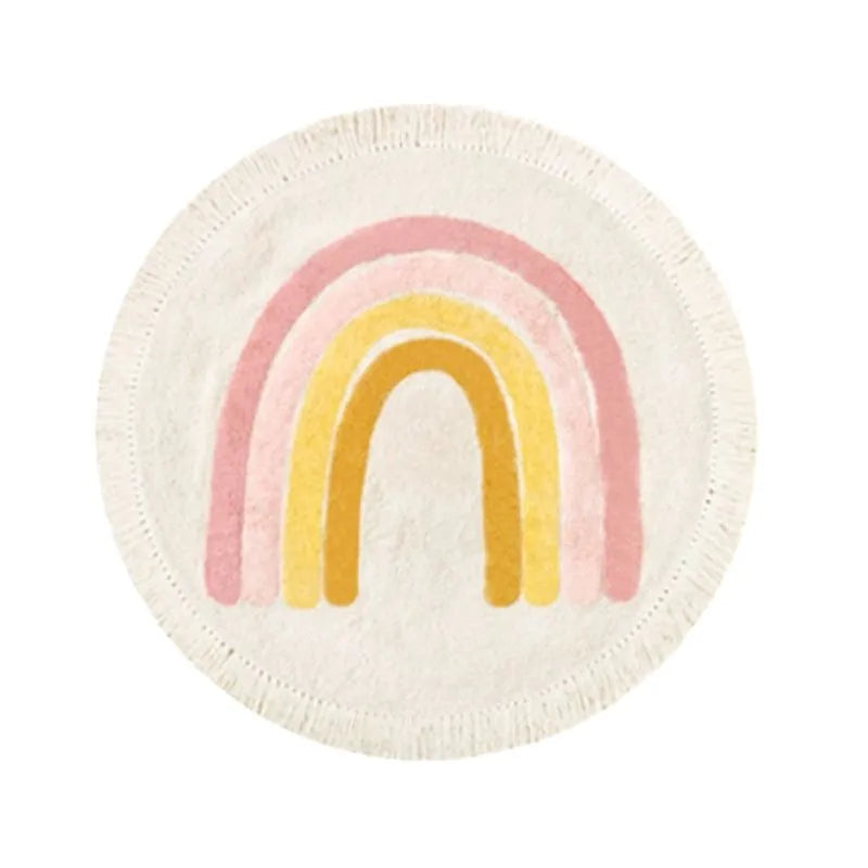 Soft White Play Mat For Children's Room with Rainbow & Tassel Detail - Yellow, Blue & Pink Lilly & Lula