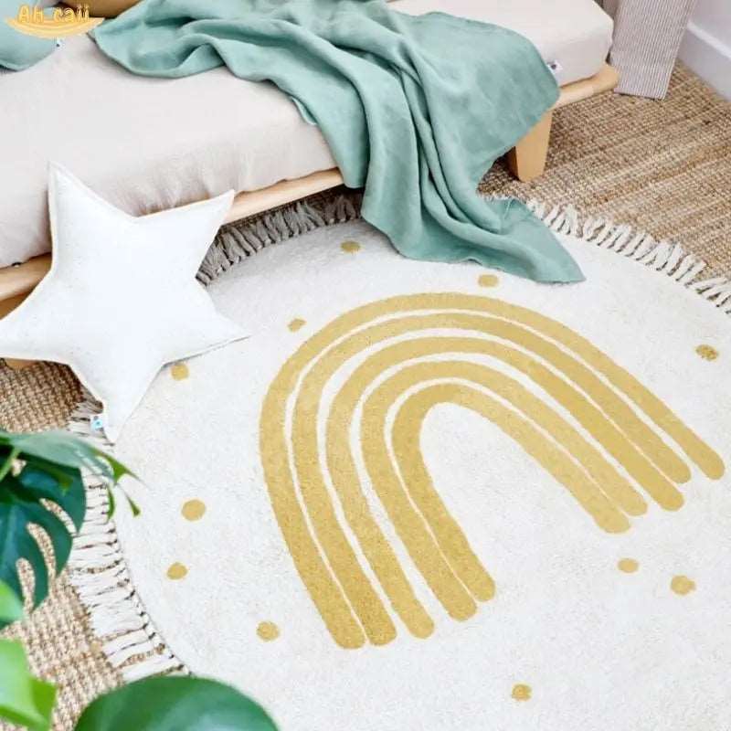 Soft White Play Mat For Children's Room with Rainbow & Tassel Detail - Yellow, Blue & Pink Lilly & Lula