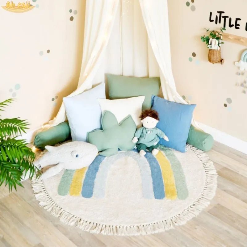 Soft White Play Mat For Children's Room with Rainbow & Tassel Detail - Yellow, Blue & Pink Lilly & Lula