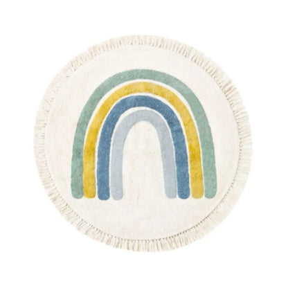 Soft White Play Mat For Children's Room with Rainbow & Tassel Detail - Yellow, Blue & Pink Lilly & Lula