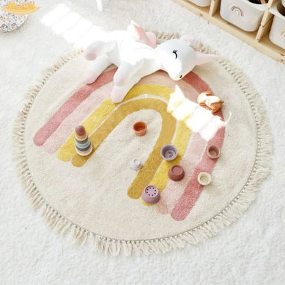 Soft White Play Mat For Children's Room with Rainbow & Tassel Detail - Yellow, Blue & Pink Lilly & Lula