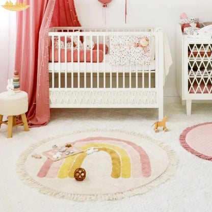 Soft White Play Mat For Children's Room with Rainbow & Tassel Detail - Yellow, Blue & Pink Lilly & Lula