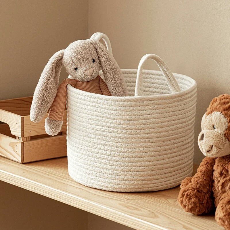 Handmade Round Woven Cotton Rope Foldable Basket with Handles - Beige & White