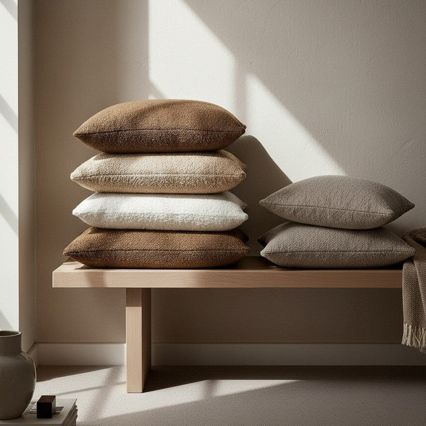 Stack of pillows on a wooden bench with sunlight casting shadows on a neutral wall.