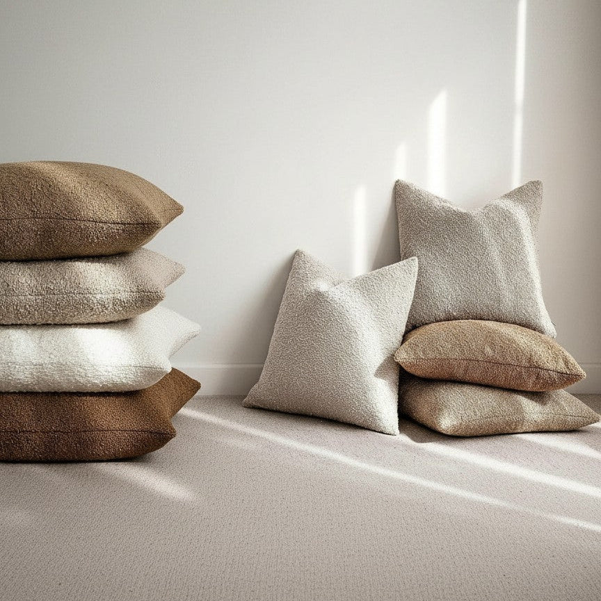 Stack of pillows in various shades of brown and beige on a light surface with a neutral background.