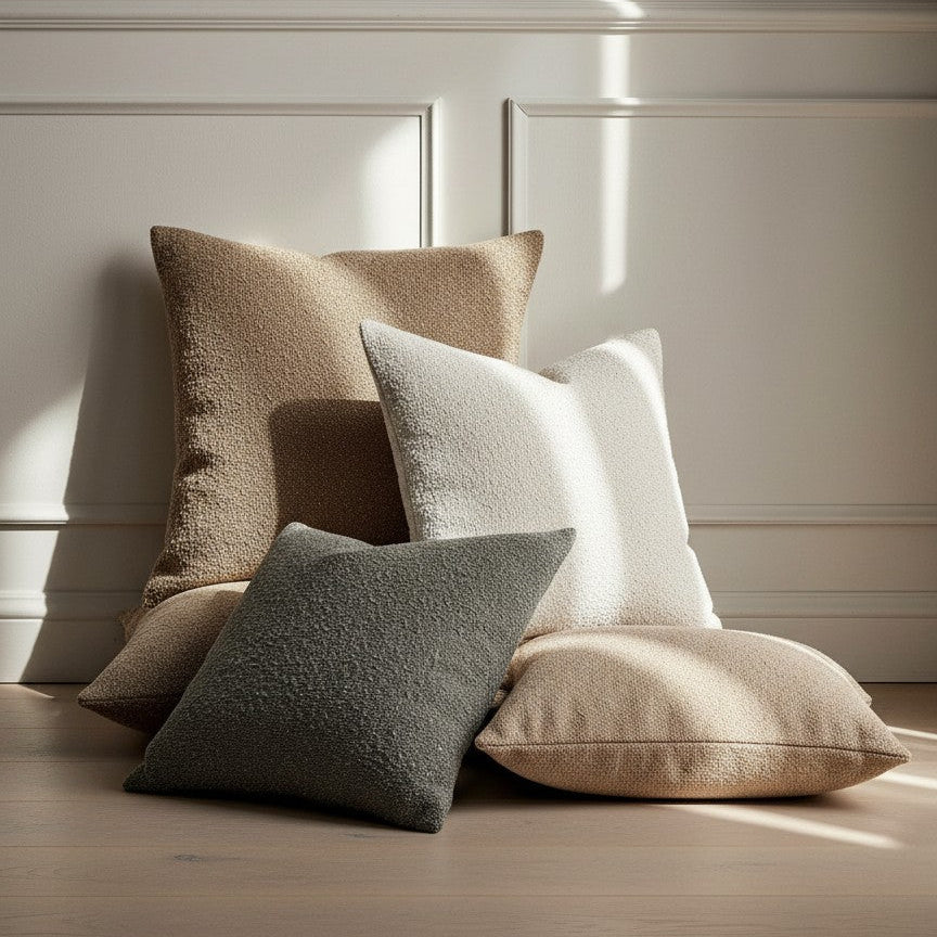 Four pillows in beige, brown, gray, and white on a wooden floor with a neutral wall background.