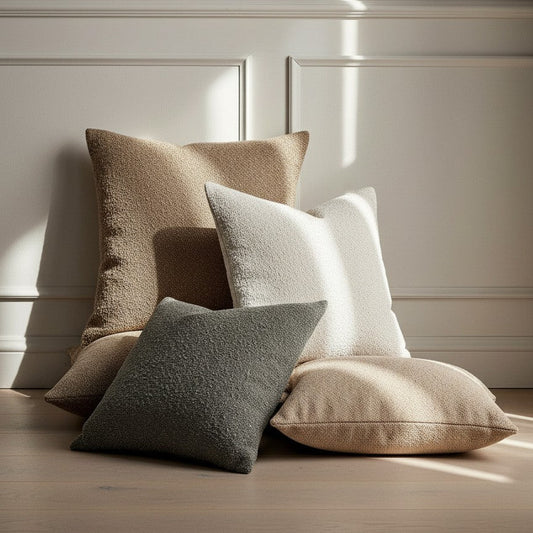 Four pillows in beige, brown, gray, and white on a wooden floor with a neutral wall background.