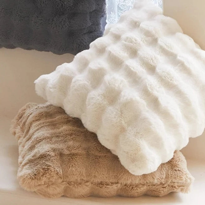 Super Soft Fluffy Luxury Rabbit Faux Fur Wave Cushion - Ivory, Beige & Grey Lilly & Lula