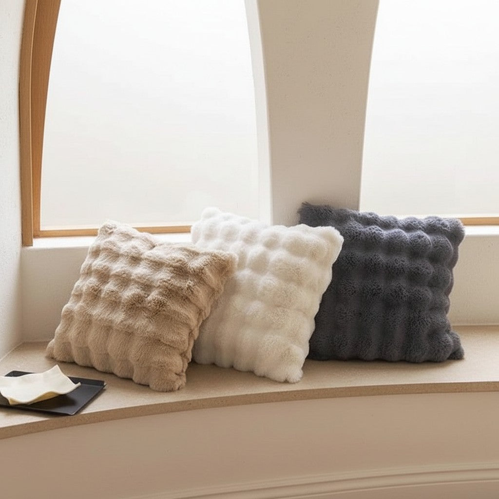 Super Soft Fluffy Luxury Rabbit Faux Fur Wave Cushion Cover - Ivory, Beige & Grey