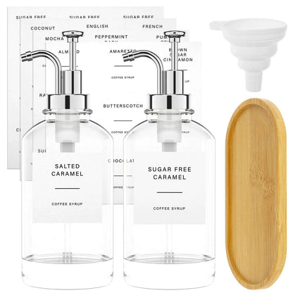 Syrup & Soap Dispenser Set with Bamboo Tray & Labels - Set of 2 Lilly & Lula