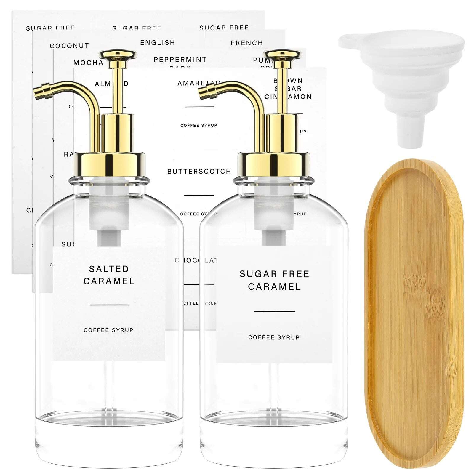 Syrup & Soap Dispenser Set with Bamboo Tray & Labels - Set of 2 Lilly & Lula