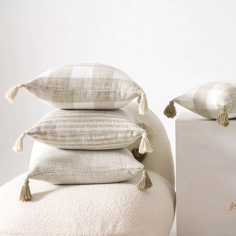 Traditional Beige & Checkered Decorative Cushion Covers with Tassel Detail - 2 Sizes Lilly & Lula