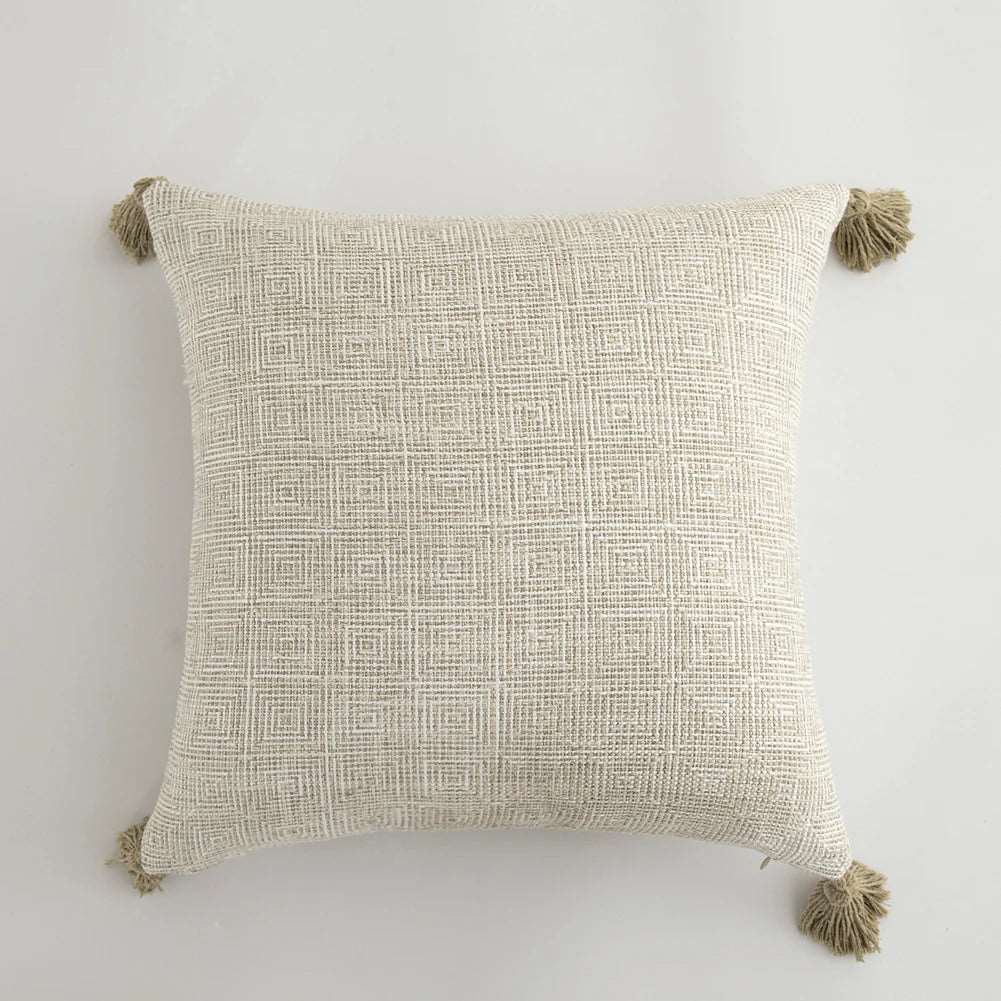 Traditional Beige & Checkered Decorative Cushion Covers with Tassel Detail - 2 Sizes Lilly & Lula