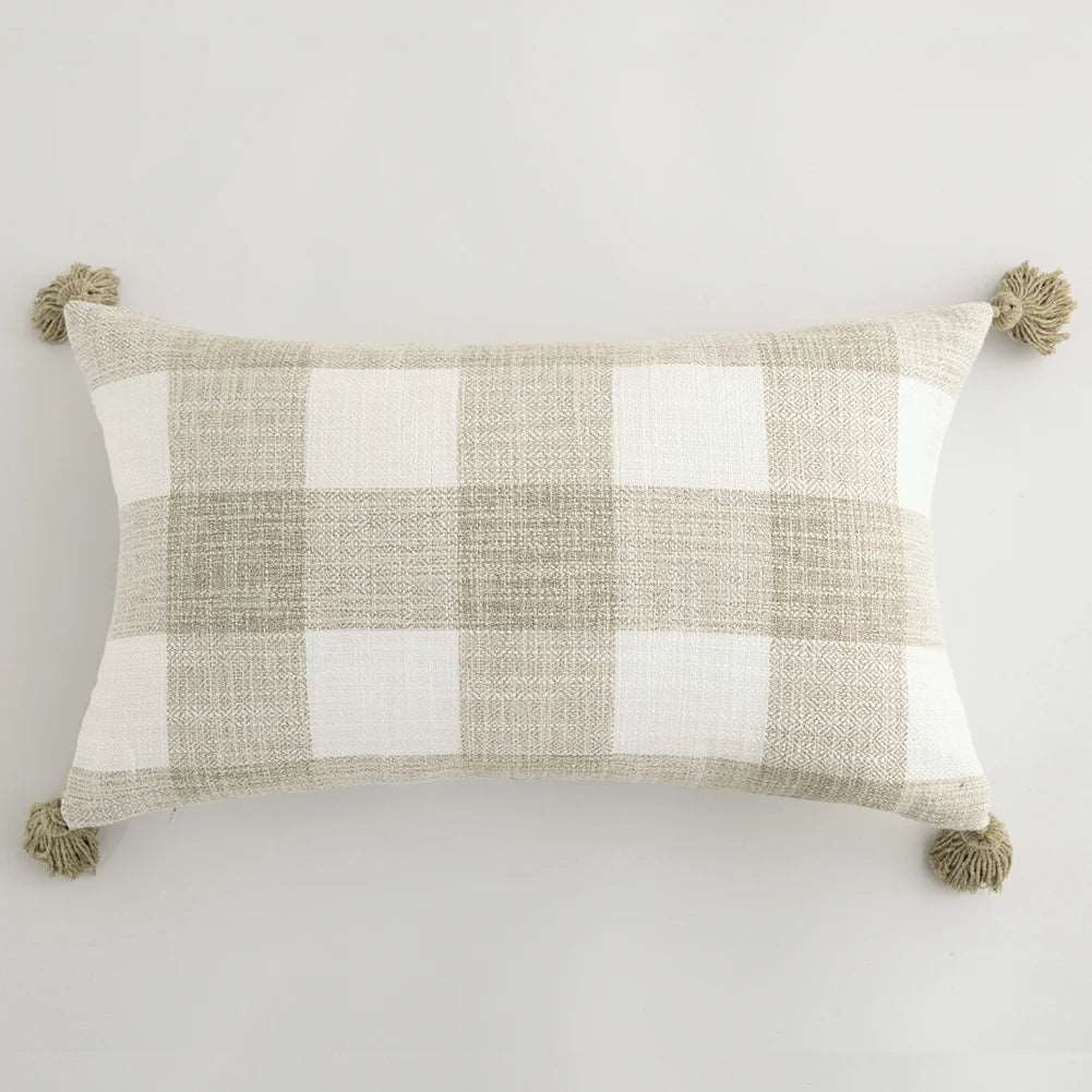 Traditional Beige & Checkered Decorative Cushion Covers with Tassel Detail - 2 Sizes Lilly & Lula