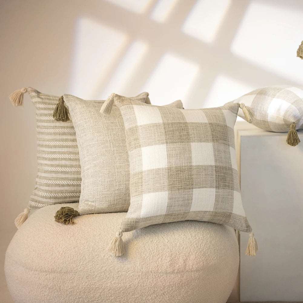 Lilly Lula Traditional Beige Checkered Decorative Cushion Covers with Tassel Detail 2 Sizes