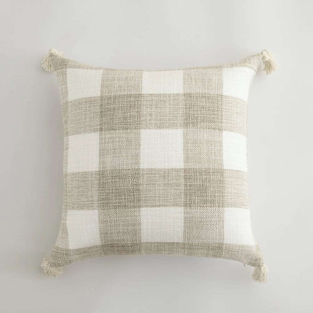 Traditional Beige & Checkered Decorative Cushion Covers with Tassel Detail - 2 Sizes Lilly & Lula