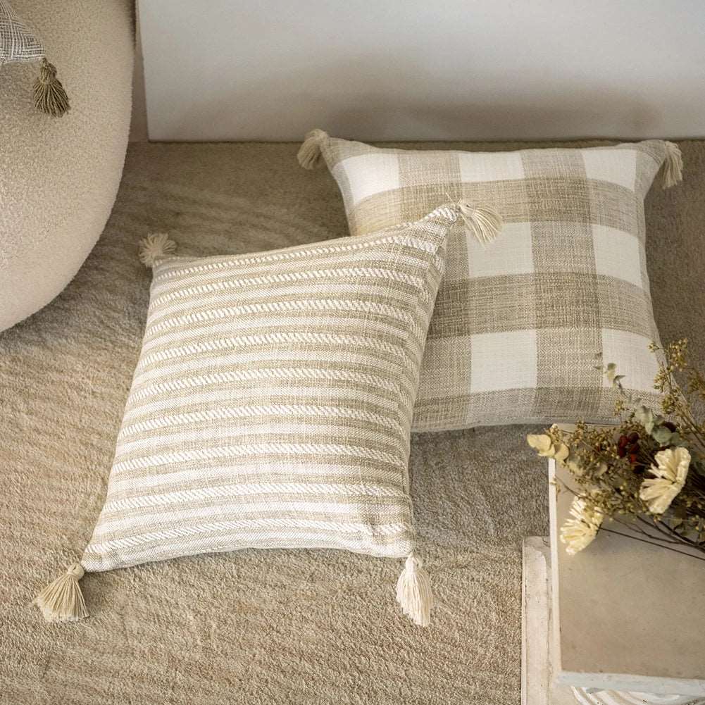 Traditional Beige & Checkered Decorative Cushion Covers with Tassel Detail - 2 Sizes Lilly & Lula