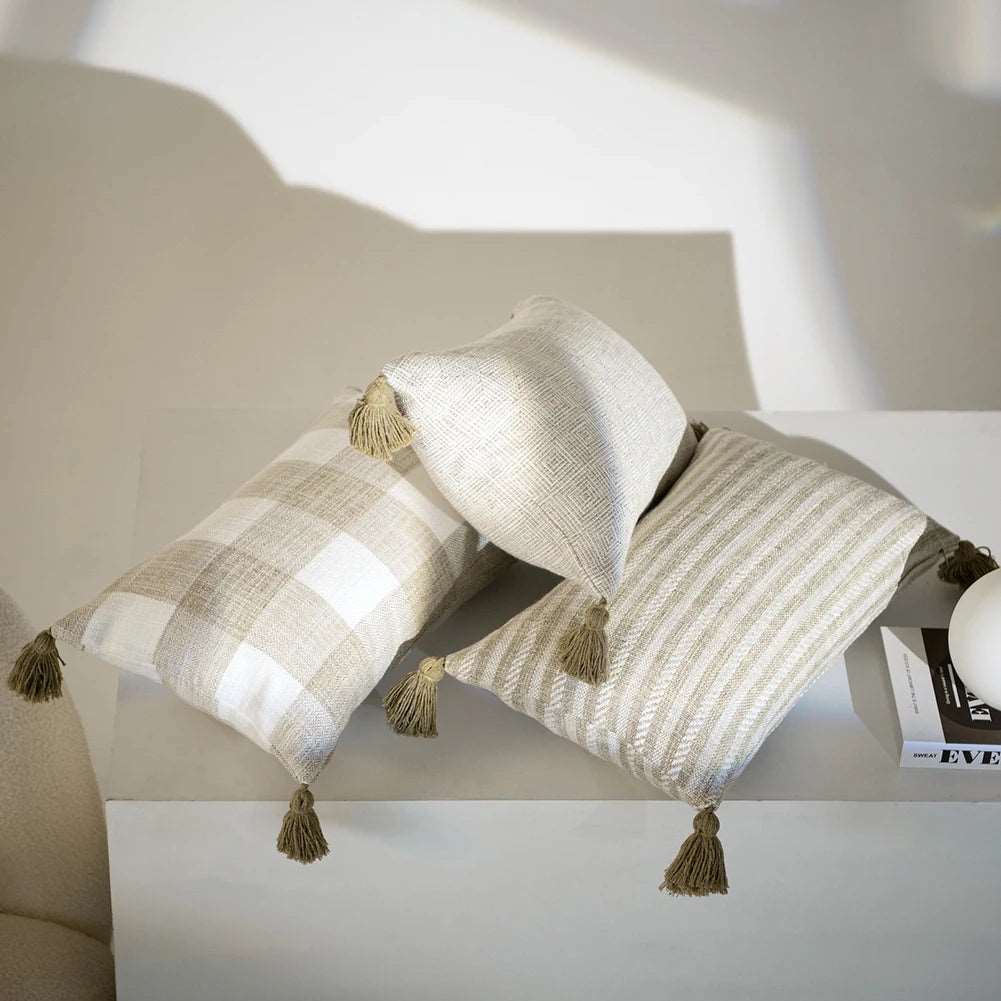 Traditional Beige & Checkered Decorative Cushion Covers with Tassel Detail - 2 Sizes Lilly & Lula