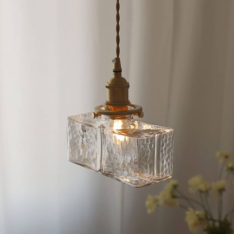 Traditional Hammered Square Glass Hanging Pendant Light - Clear & Amber Lilly & Lula