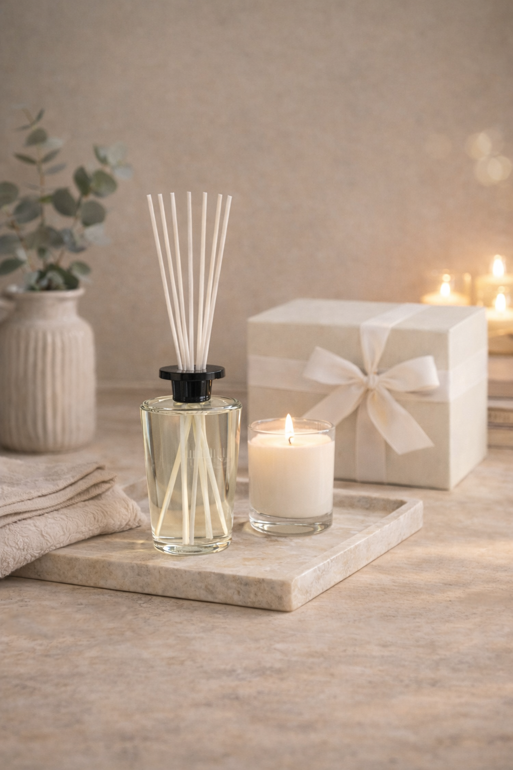 A diffuser with reeds, a candle, and a gift box on a marble surface with a neutral background.