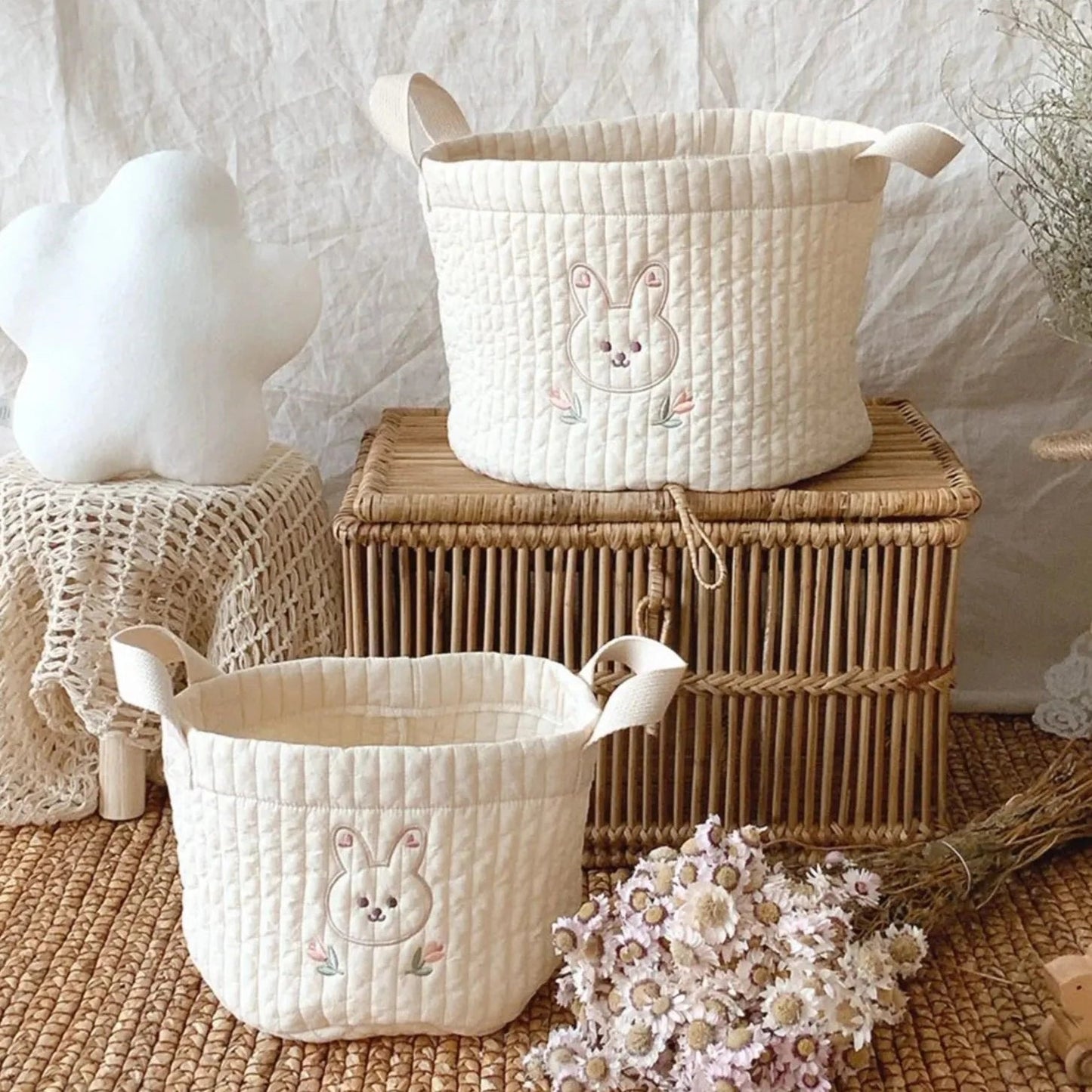 White Embroidered Cotton Baby Basket Storage Organisers - 4 Styles Lilly & Lula