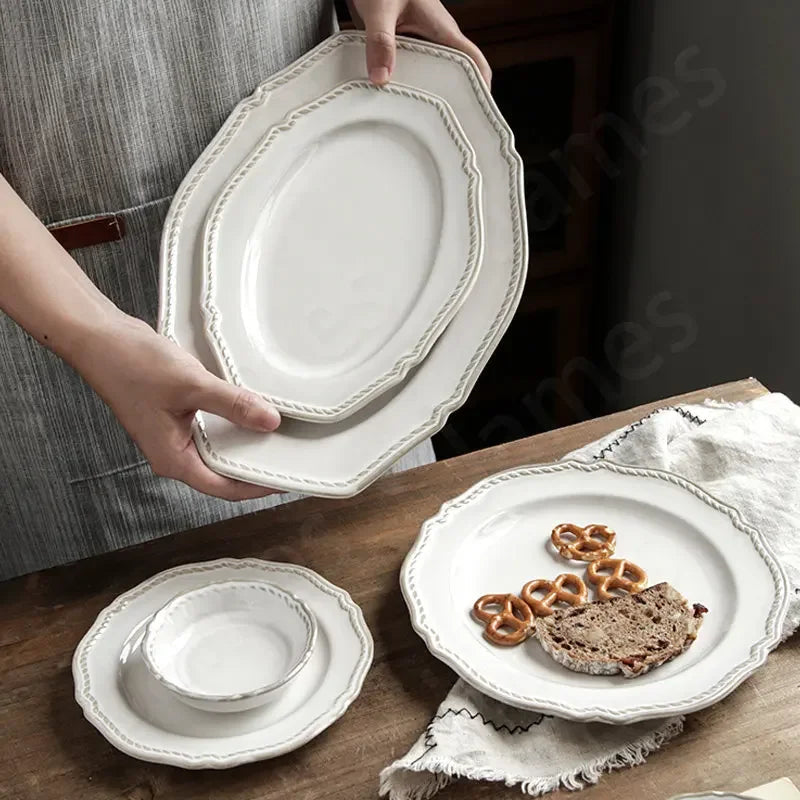 White Nordic Vintage Ceramic Dinner Plate, Bowl & Cup Set - 9 Sizes Lilly & Lula