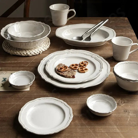 White Nordic Vintage Ceramic Dinner Plate, Bowl & Cup Set - 9 Sizes Lilly & Lula