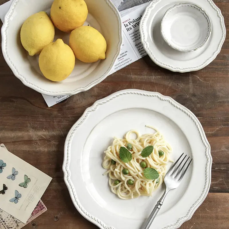White Nordic Vintage Ceramic Dinner Plate, Bowl & Cup Set - 9 Sizes Lilly & Lula