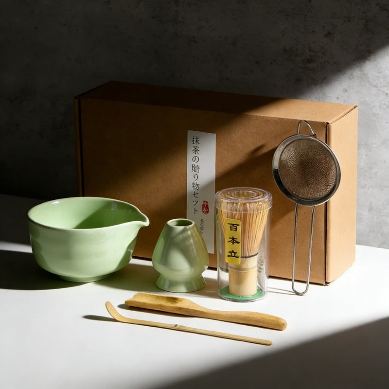 5-Piece Set Handmade Japanese Matcha Ceremony Gift Set - Sage, Green, White & Black Green Lilly & Lula