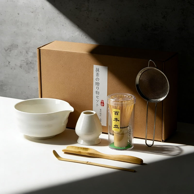 5-Piece Set Handmade Japanese Matcha Ceremony Gift Set - Sage, Green, White & Black White Lilly & Lula