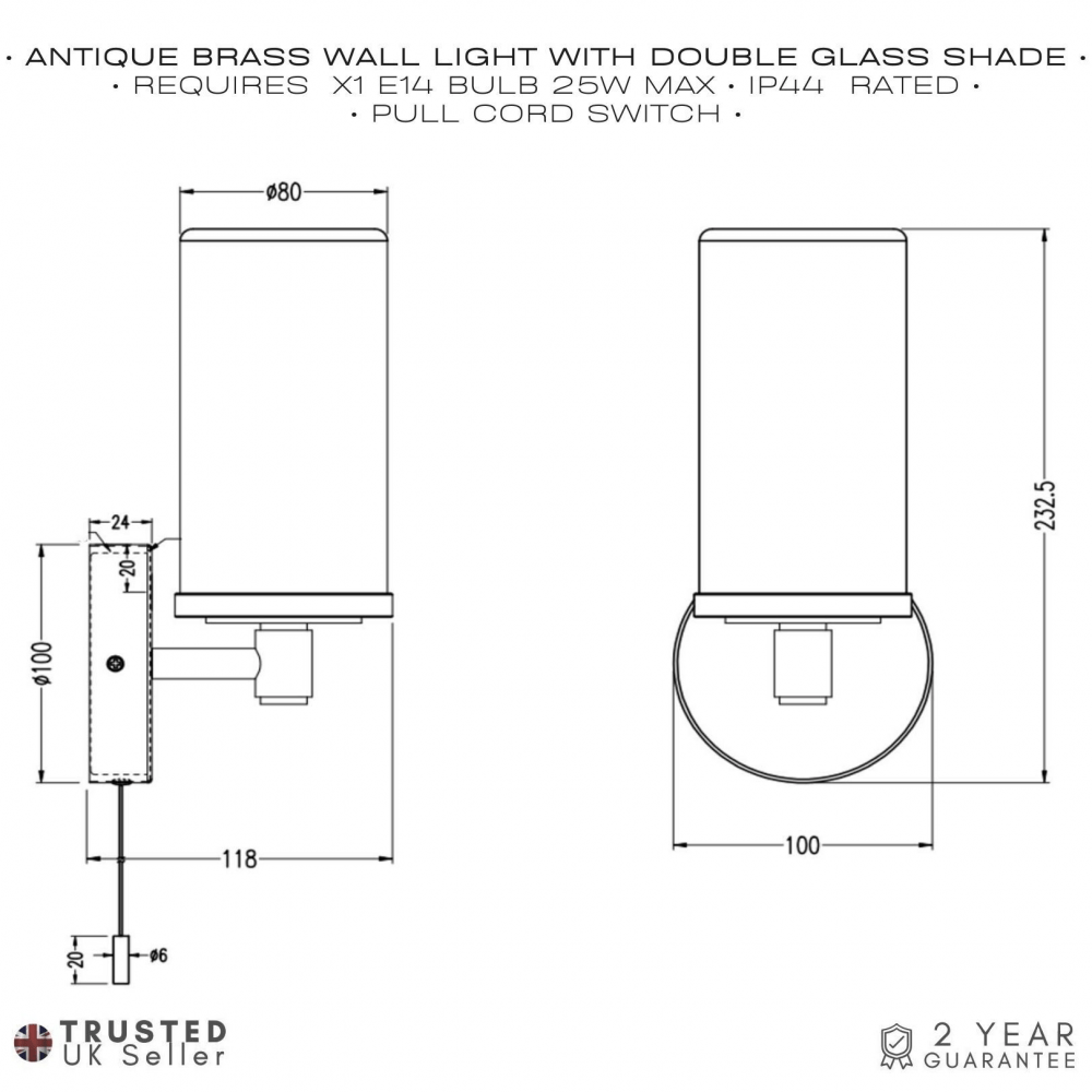 Modern Double Glass Bathroom Wall Light in Antique Brass IP44 Rated