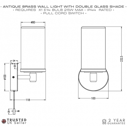 Modern Double Glass Bathroom Wall Light in Antique Brass IP44 Rated