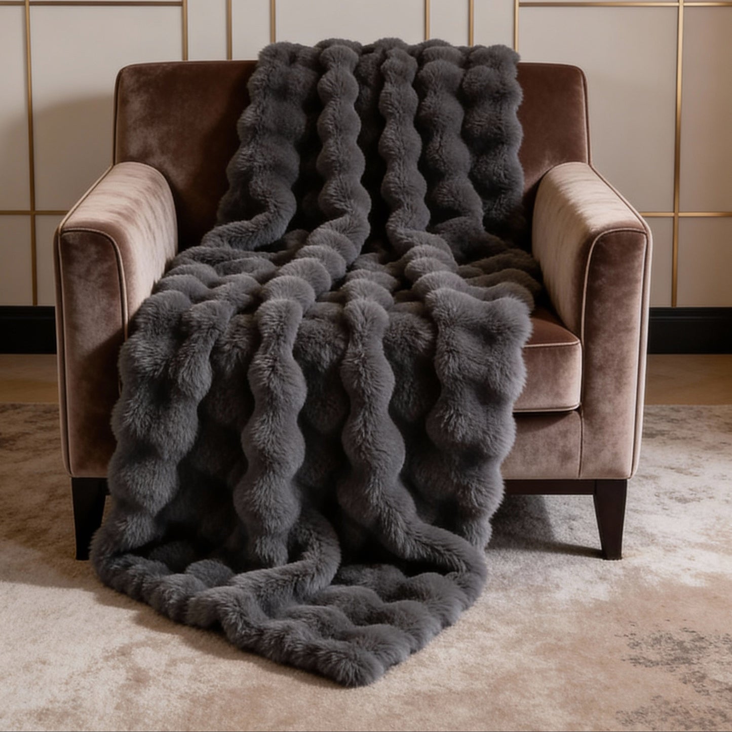 Super Soft Fluffy Luxury Rabbit Faux Fur Wave Throw - 4 Colours Dark Grey Lilly & Lula