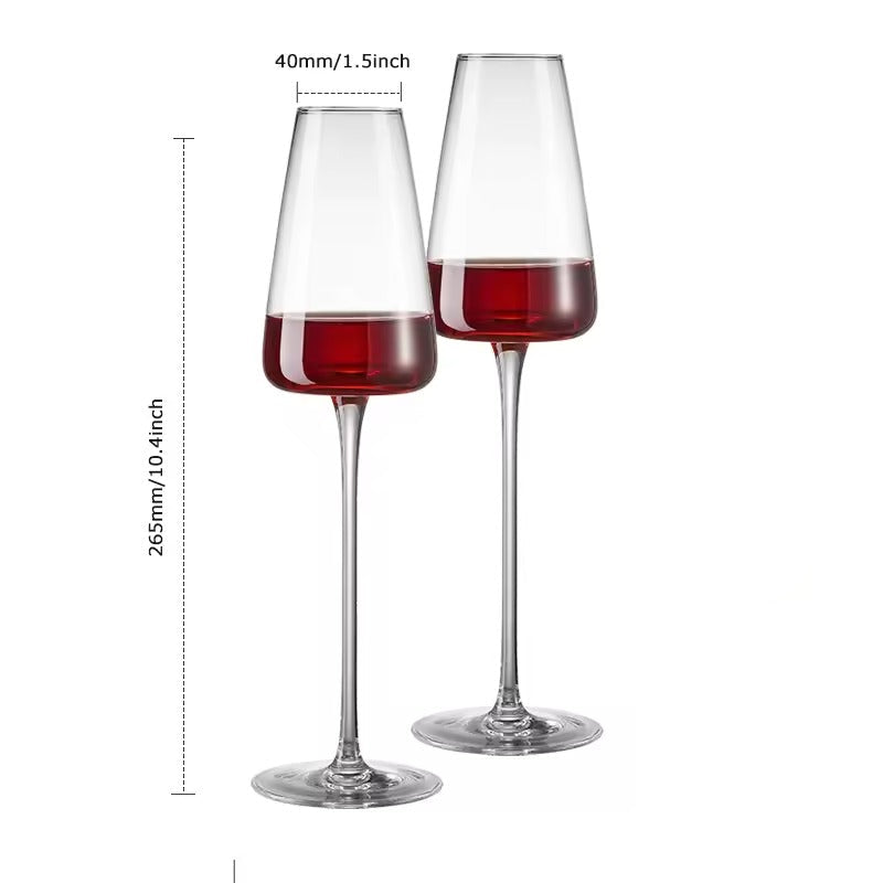 Two clear wine glasses with red wine, shown on a white background with dimension labels indicating 40mm/1.5 inch bowl width, 265mm/10.