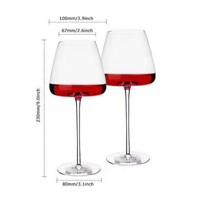 Two clear wine glasses with red wine inside, shown on a white background with dimension labels indicating 100mm/3.9inch height, 67mm/2.