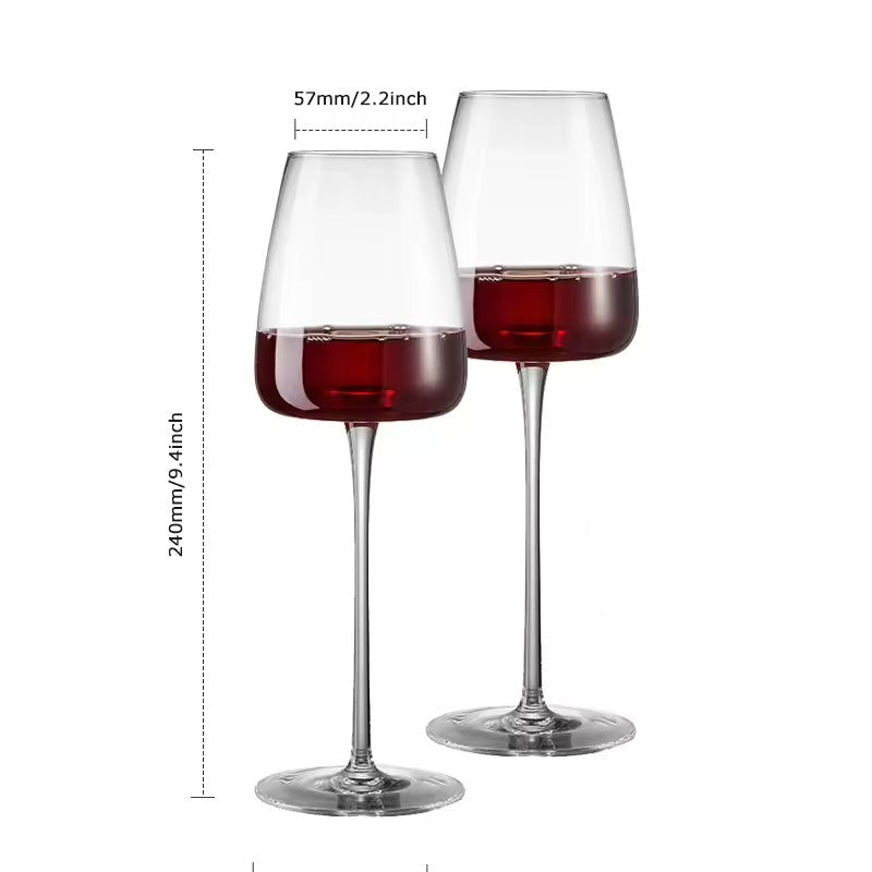 Two clear wine glasses filled with red wine on a white background, with measurement labels showing 57mm/2.2inch width, 240mm/9.