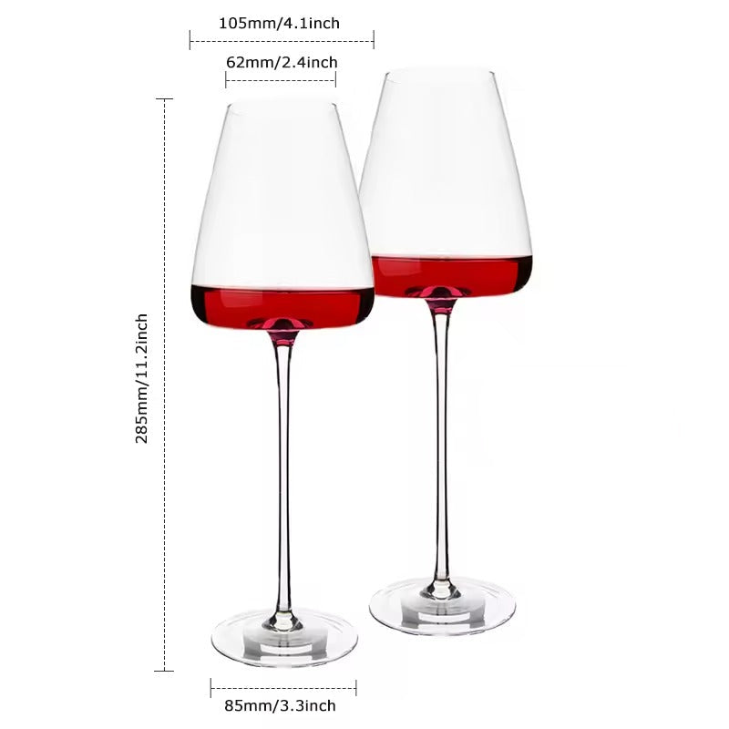 Two clear stemmed wine glasses with a tapered bowl, shown on a white background with dimension lines and text indicating measurements and a 2-piece set.