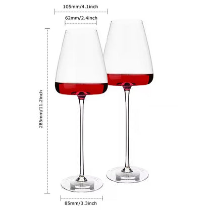 Two clear stemmed wine glasses with a tapered bowl, shown on a white background with dimension lines and text indicating measurements and a 2-piece set.