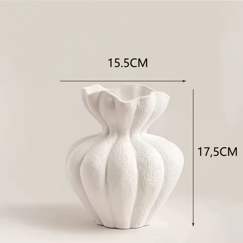 White textured vase with dimensions indicated on a light gray background