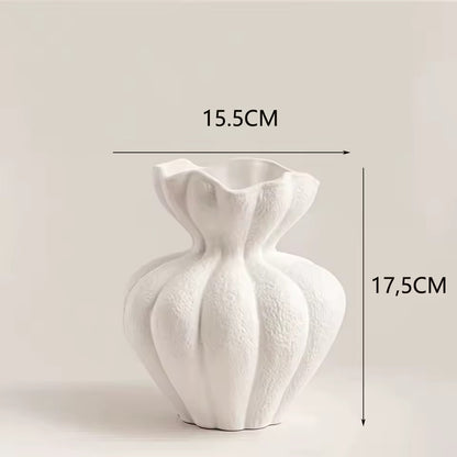 White textured vase with dimensions indicated on a light gray background