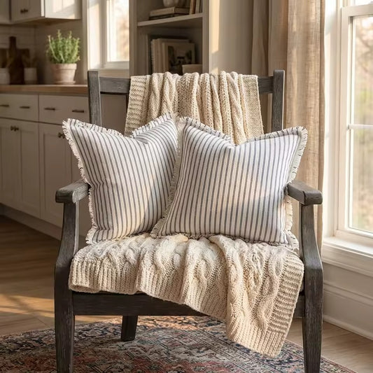 Two square throw pillows with navy blue and cream vertical stripes, styled on a rustic dark wood chair with a cream cable-knit blanket in a bright, sunlit room.