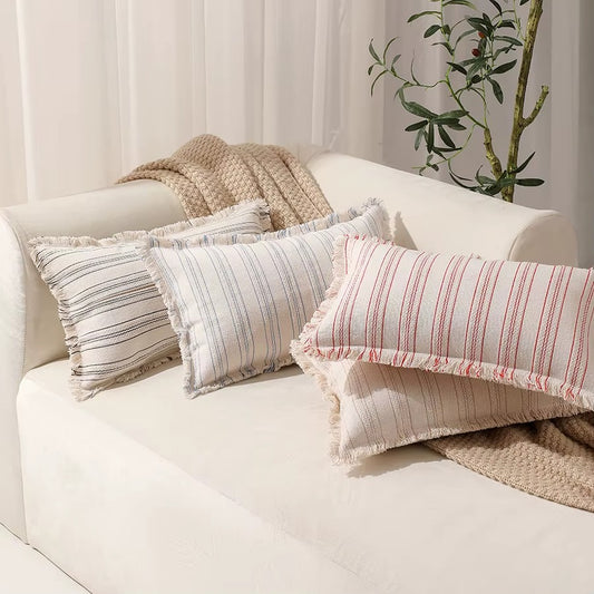 Decorative Nordic Striped Jacquard Cotton Cushion Covers With Frill Detail - 5 Colours